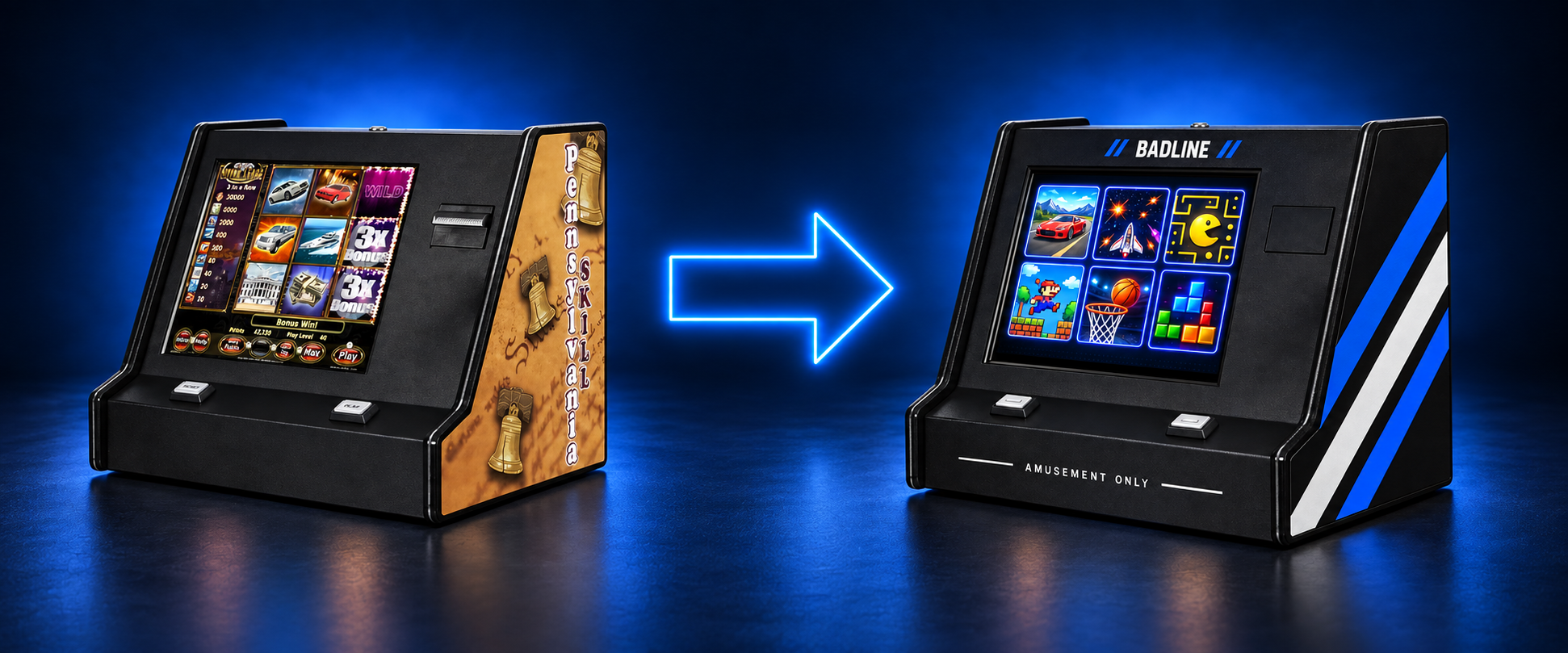 A Barfly Pennsylvania skill-machine cabinet before and after conversion to a Badline amusement-only arcade system