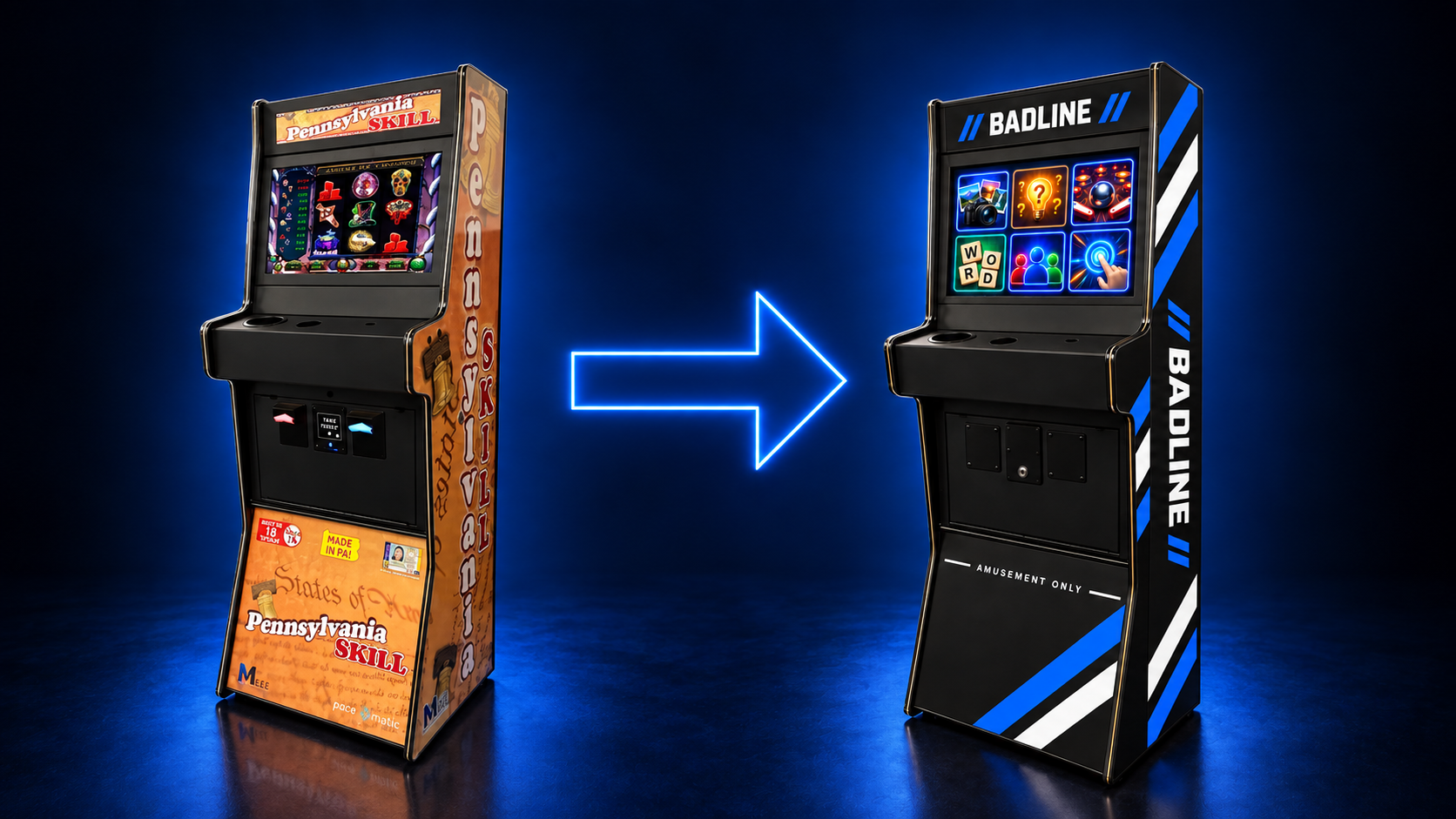 A Ranger Pennsylvania skill-machine cabinet before and after conversion to a Badline amusement-only arcade system