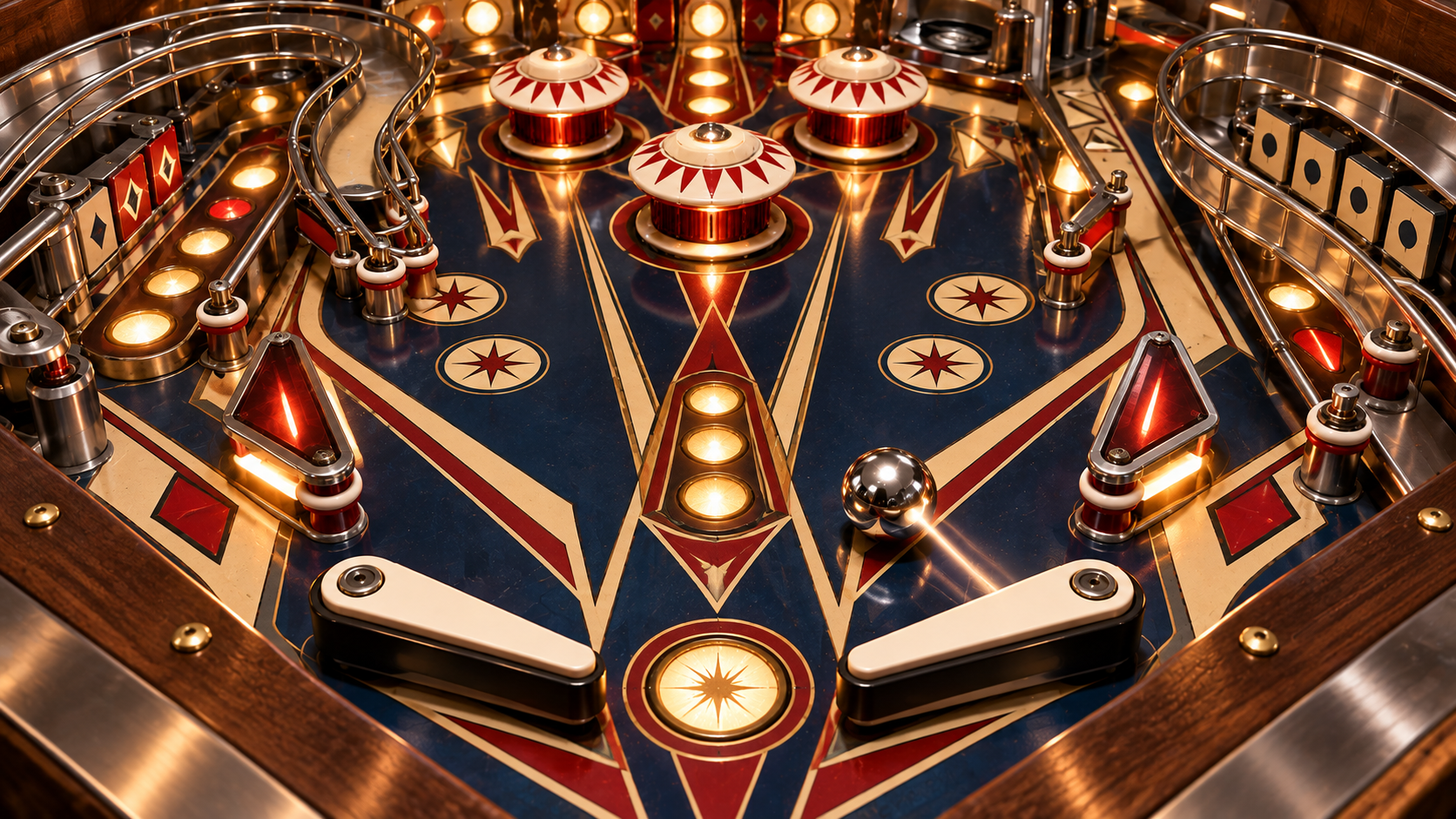 Classic digital pinball game concept with wood, metal and traditional bumpers