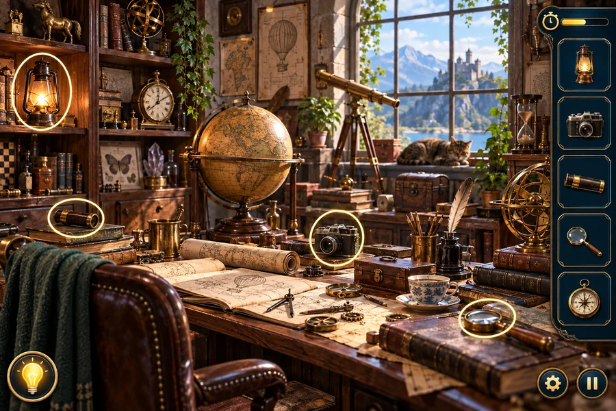 Hidden Object gameplay preview in an inventor's study