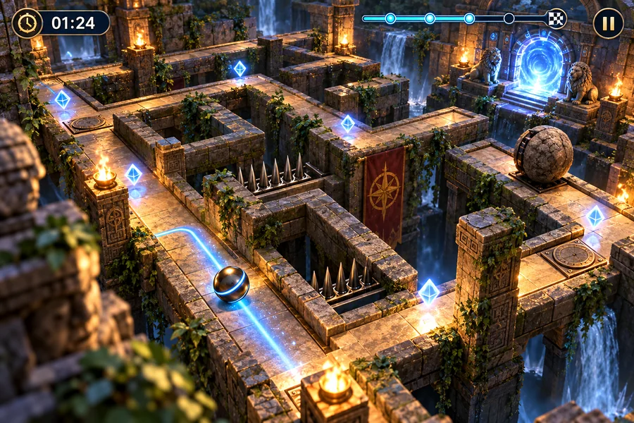 Maze Runner gameplay preview in an ancient stone maze