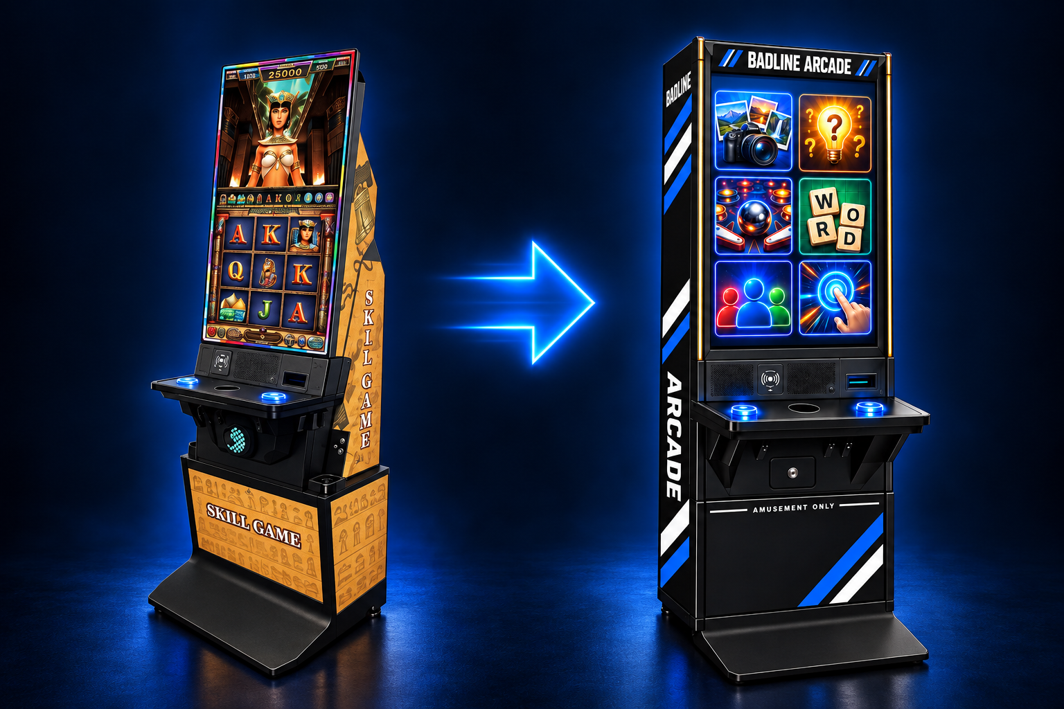A Pennsylvania skill-machine cabinet transformed into a Badline amusement-only arcade cabinet