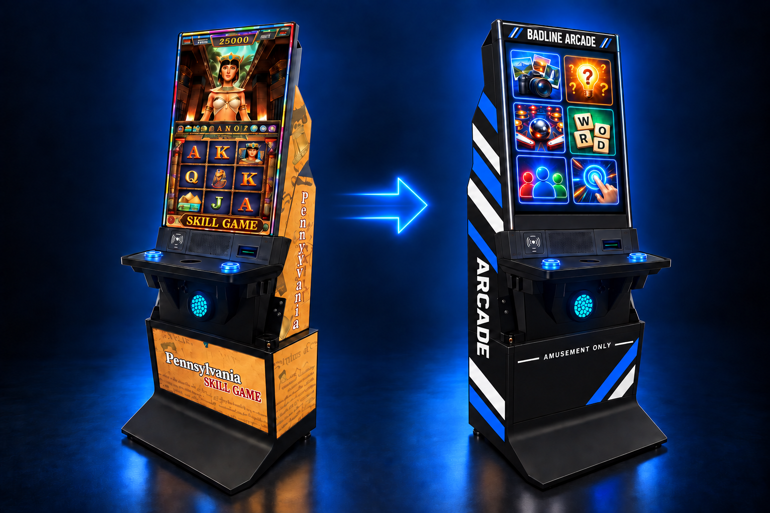 The same Pennsylvania skill-machine cabinet before and after conversion into a Badline amusement-only arcade cabinet