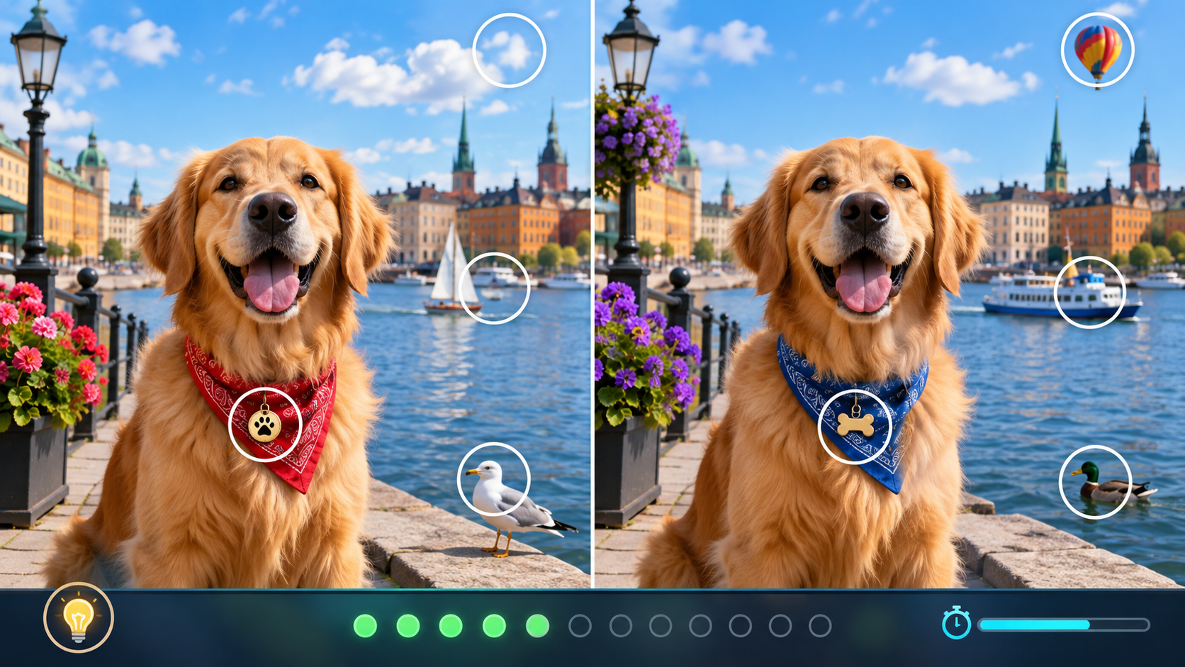 Photo Hunt game concept showing two waterfront dog scenes