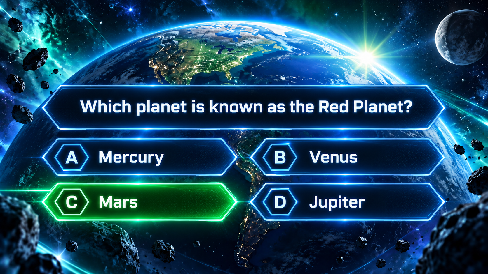 Trivia game asking which planet is known as the Red Planet