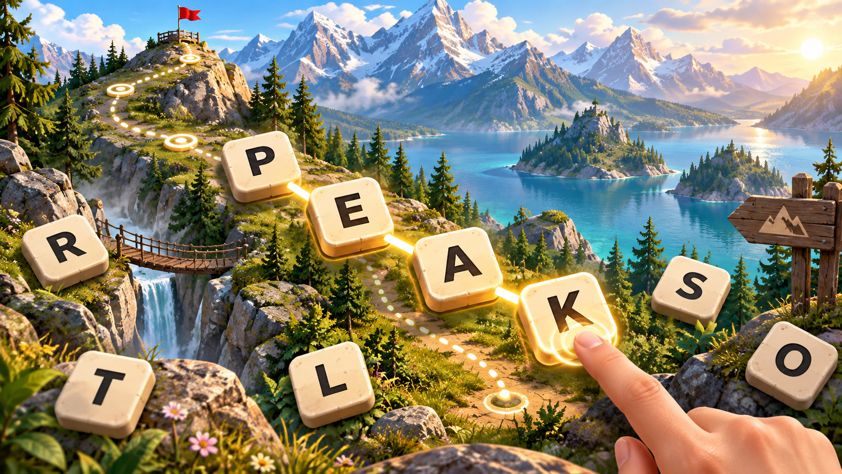 Word and puzzle game concept over a mountain landscape